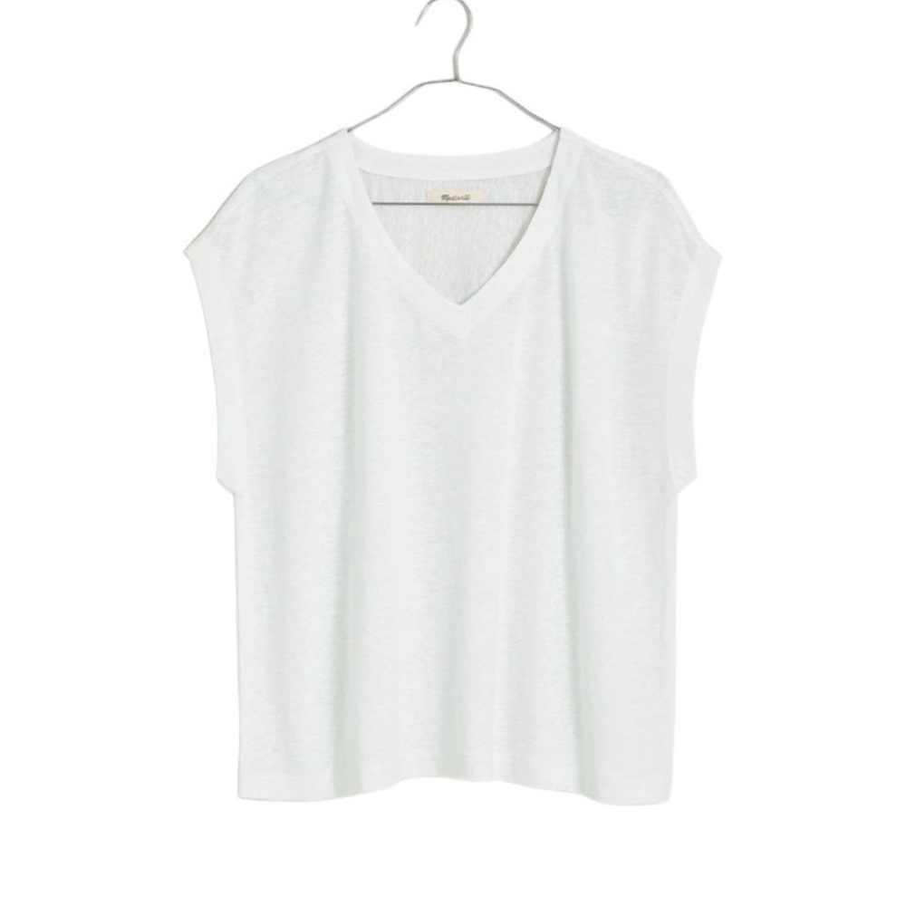 Madewell Linen Blend Relaxed Semi-Sheer V-Neck Tee in Eyelet White